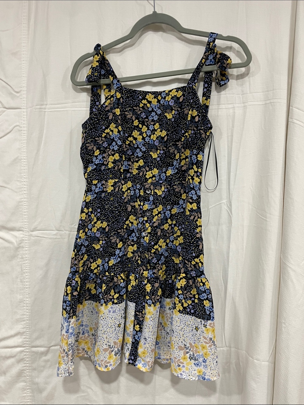 Navy Floral Tie-Shoulder Kids Dress with Yellow & Light Blue Flowers